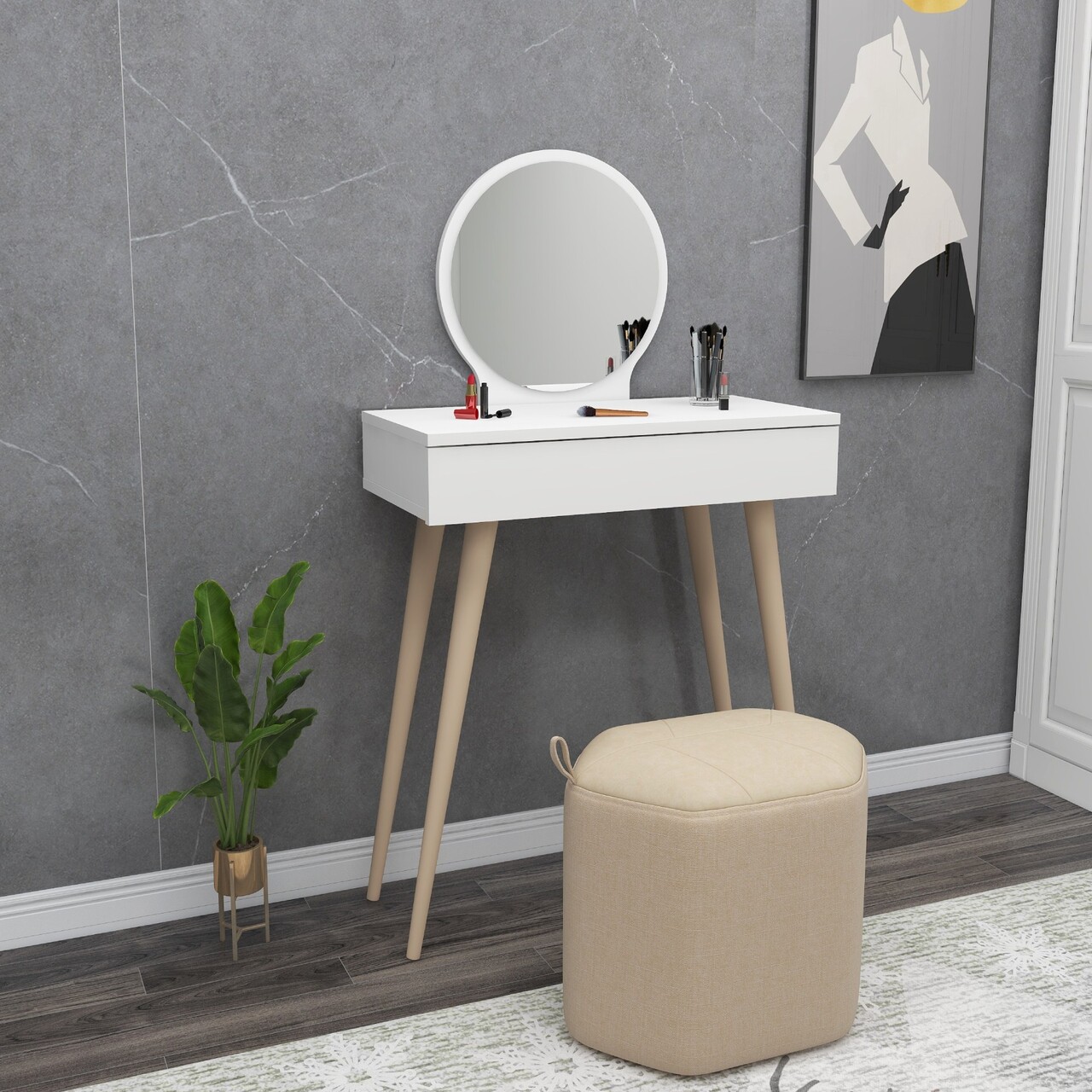 Masa de machiaj, Hanah Home, Siena, 129.2x72x35 cm, Alb - imagine 6